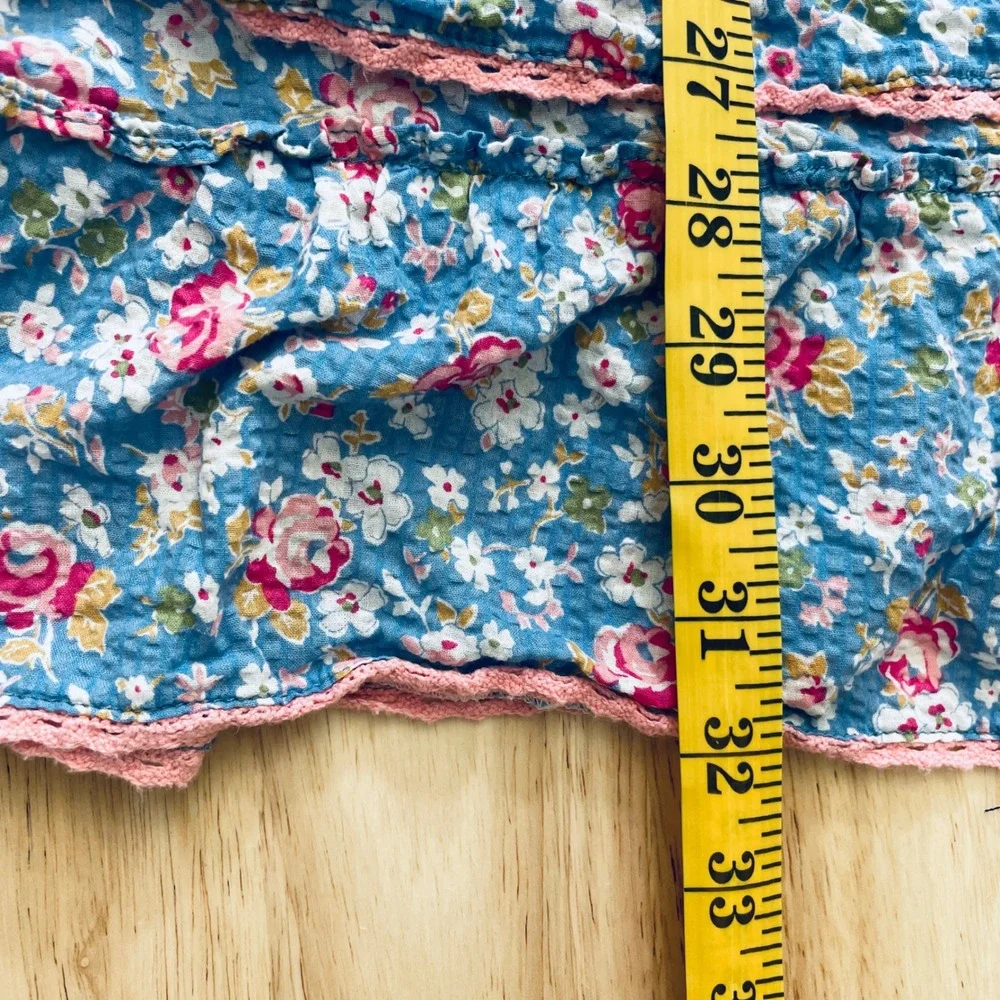 Betsey Johnson Blue Floral Smocked Mini Dress Puff Sleeve Pink Trim  M - Picture 8 of 8